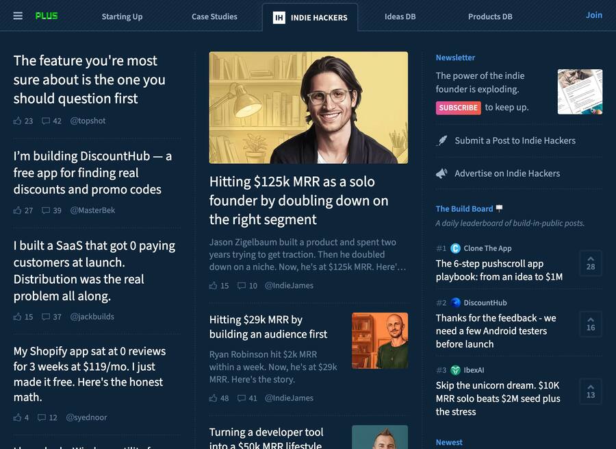 Indie Hackers front page: $125k MRR solo founder, $29k MRR, $10K MRR